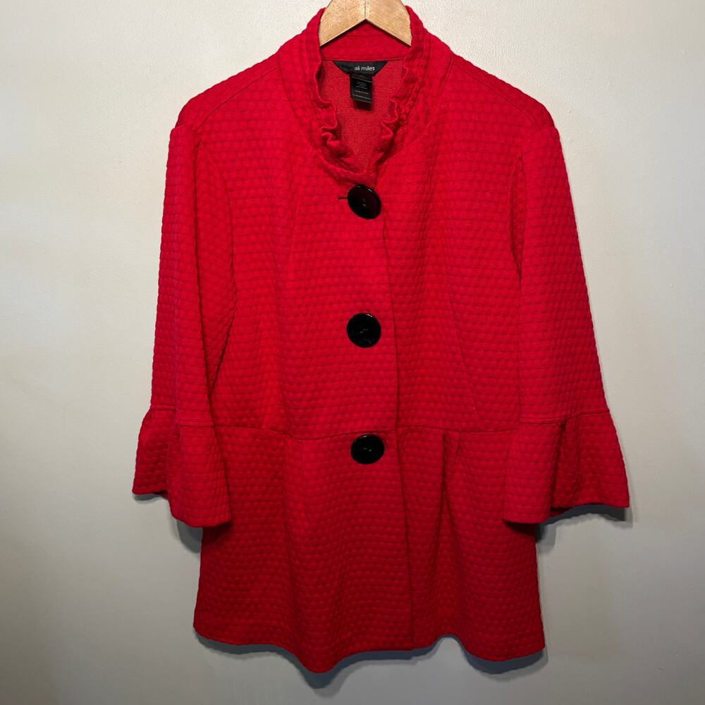 Ali Miles Tunic Artsy Quilted True Red Big Black Button 3/4 Sleeve Swing Coat XL